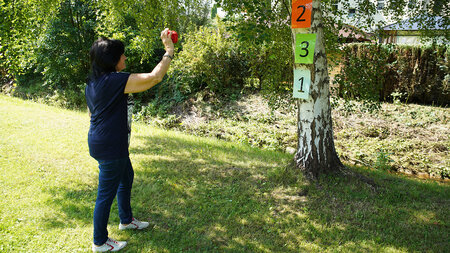 Eine Frau steht unweit eines Baumes, an dessen Stamm drei Schilder mit den Zahlen 1, 2 und 3 angebracht sind.