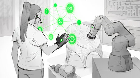 Die gezeichnete Grafik zeigt eine Frau, die mit einem Roboter interagiert.