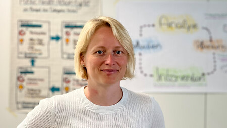 Porträt einer jungen Frau mit blonden Haaren und weißem Shirt vor einer Posterwand..