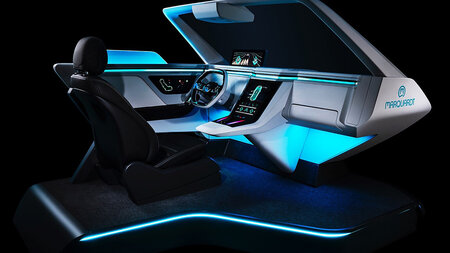 Stilistierte Darstellung eines futuristischen Fahrzeuginnenraums.