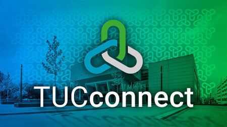 TUCconnect-Logo vor einer Grafik des Hörsaalgebäudes.