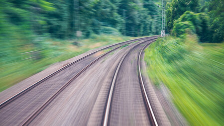 Blick auf Bahngleise, die durch einen Wald führen.