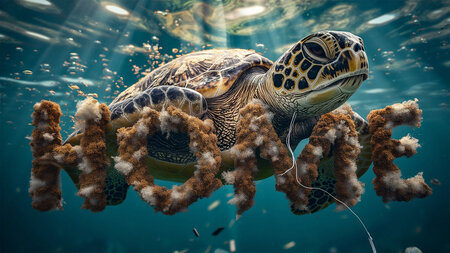 Eine Schildkröte schwimmt vorbei an einem von Korallen gebildeten Schriftzug HOME.