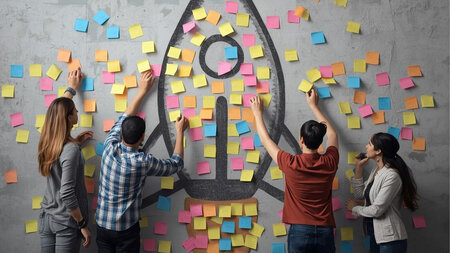 Vier Personen kleben bunte Memozettel an eine Wand.