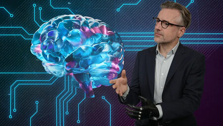 Ein Mann gestikuliert neben dem Bild eines menschlichen Gehirns. 