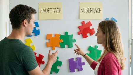 Ein Mann und eine FRau stehen vor einer Tafel, an der farbige Puzzlesteine befestigt sind.