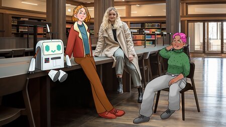 Eine Frau sitzt in einem Lesesaal auf einem Tisch. Neben ihr sind drei garfische Figuren zu sehen.