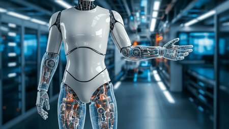 Ein humanoider Roboter steht in einer Fabrikhalle.