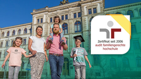 Eine Familie mit zwei Kindern läuft vor einem Gebäude. 