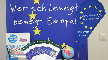 Information material about the ERASMUS program with the flag of the European Union