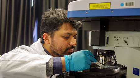 A man examines a sample under a microscope.