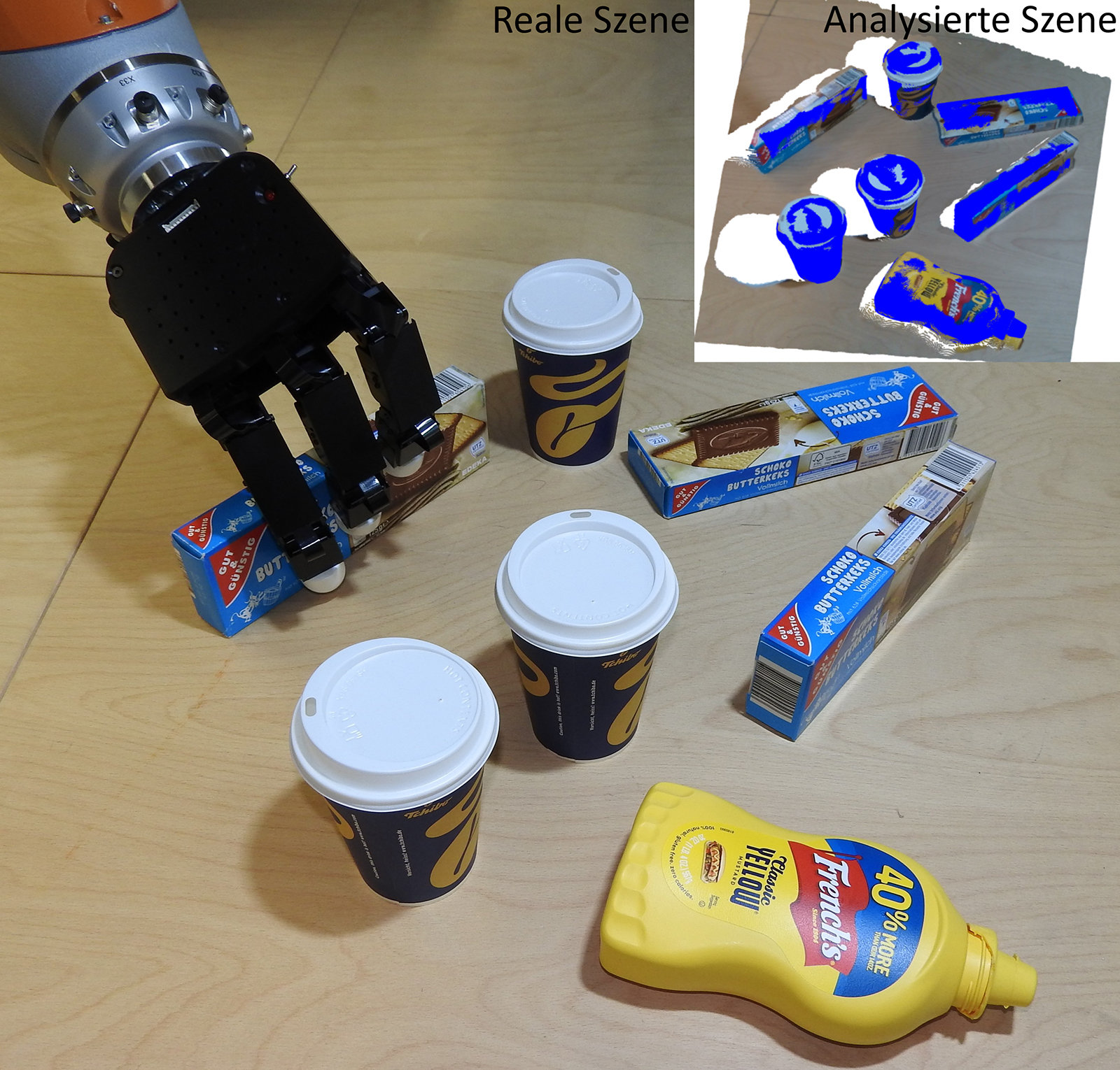 Roboterarm greift nach Kekspackung, daneben stehen Kaffeebecher