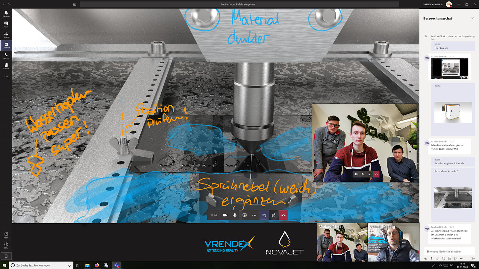 Screenshot zeigt den Blick in einen Maschinenraum sowie Kamerabilder von Mitgliedern an einer virtuellen Teambesprechung.