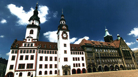 Photo of Chemnitz Town Hall, an old stone building with a tiled roof.