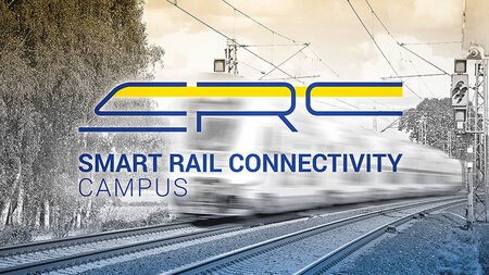 Graphic of a train in motion reading “Smart Rail Connectivity Campus”