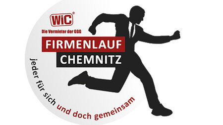 Logo for the Firmenlauf Chemnitz featuring an image of a man in a suit jogging