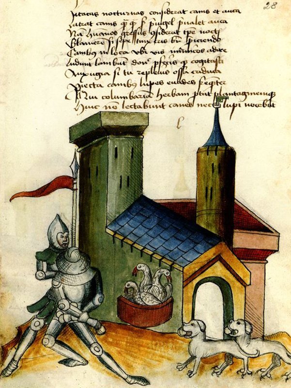 mittelalterliche Handschrift, darunter eine bunte Zeichnung: Ritter, Gänse, Hunde vor Burg