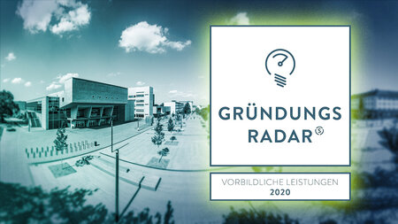 Graphic showing with a logo that has a lightbulb and the caption “Gründungsradar” with the Orangerie in the background.