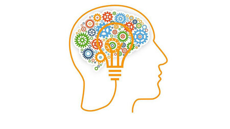 Graphic showing a brain filled with gears and a lightbulb