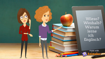 Grafische Darstellung von zwei Frauen, die neben einer Tafel stehen