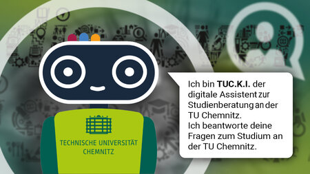 Graphic of a robot in a Chemnitz University of Technology shirt saying “Hello, I am TUC.K.I – Chemnitz University of Technology’s digital advising assistant. I’ll answer your questions about studying at Chemnitz University of Technology.”
