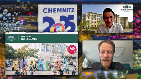 Zwei Männer im mittleren Alters sind in einer Konferenz zusammengeschaltet. Sie schauen auf eine Folie mit dem Titel TUCculture. 