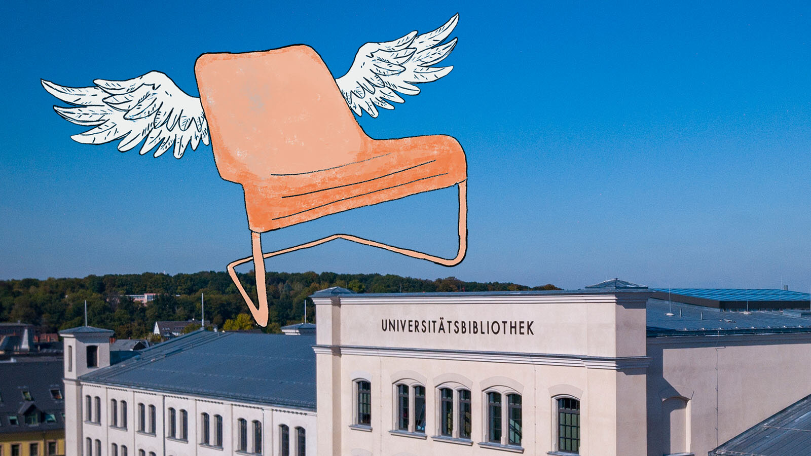 Ein Sessel mit Flügeln fliegt über ein Gebäude.