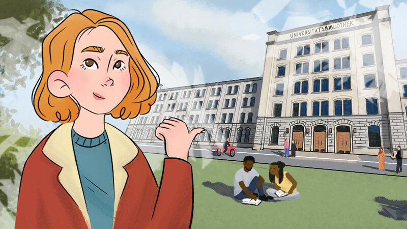 Zeichnung einer jungen Frau, die vor einem Gebäude steht und mit der Hand dorthin zeigt.