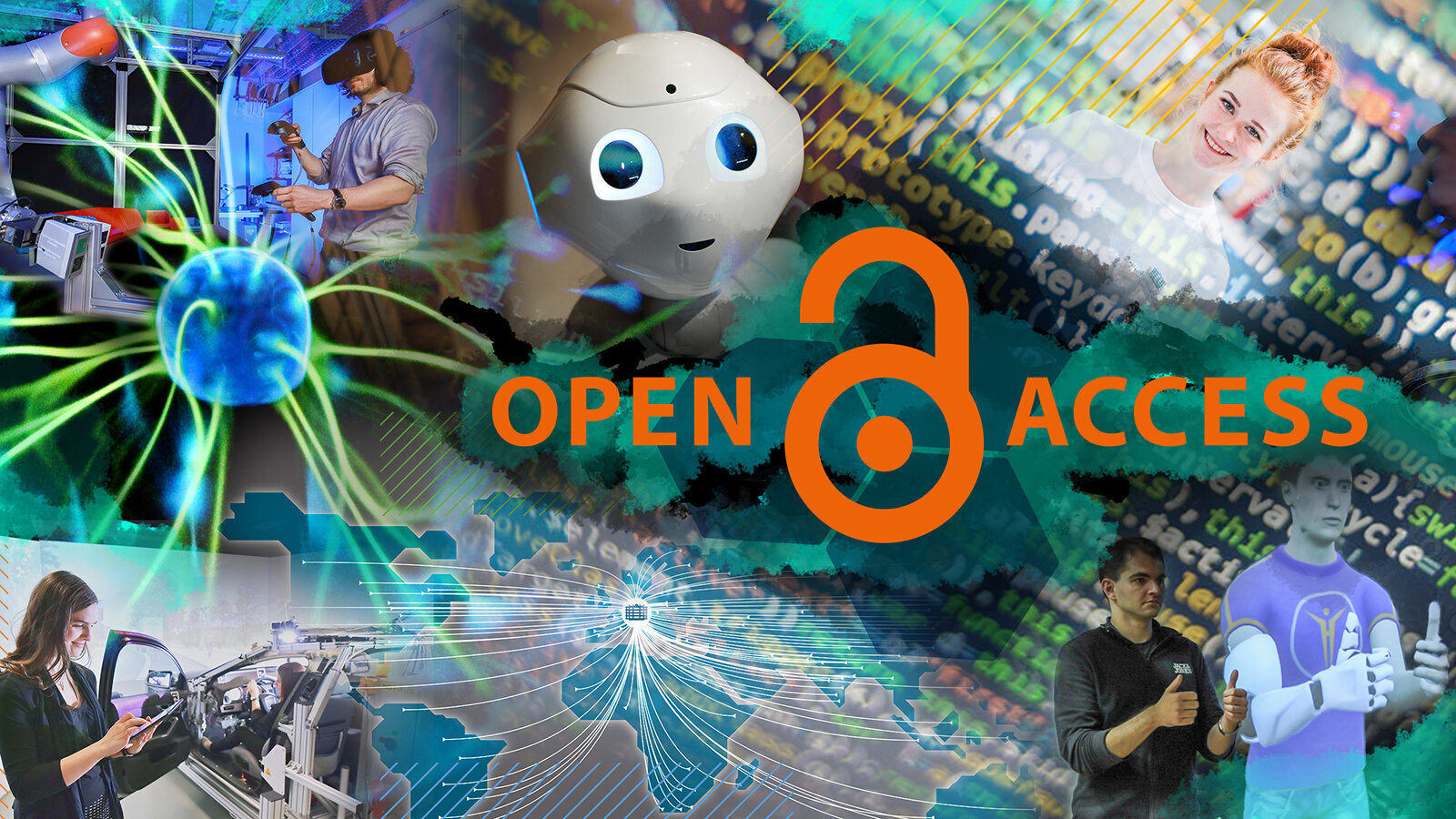 Photo montage of several images with text about open science.