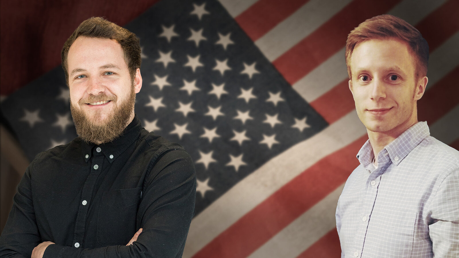 Zwei junge Männer stehen nebeneinander. Im Hintergrund ist die US-Flagge zu sehen.