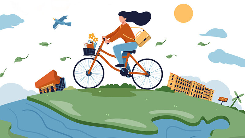 Buntes Bild mit Radfahrerin und Gebäuden, einem Fluss und fliegenden Laubblättern.