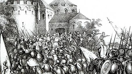 Schwarz-weiße Grafik einer Kriegshandlung vor einer Burg.