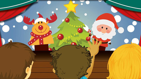Buntes Bild zeigt eine Bühne mit Weihnachtsmann, Weihnachtsbaum und Rentier.