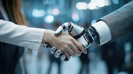 Ein Mensch und ein Roboter reiche sich die Hand.