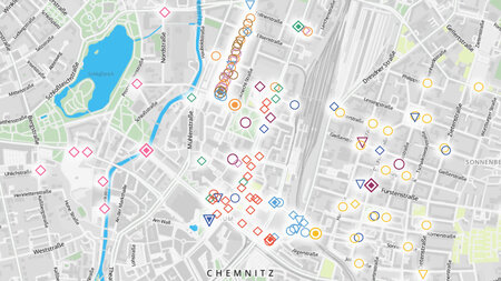 Ausschnitt aus dem Chemnitzer Stadtplan mit eingezeichneten Markierungen. 