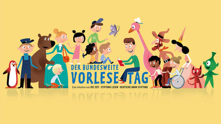 Zeichnung zeigt Kinder und Tiere, die einem vorlesenden Mann, zuhren.
