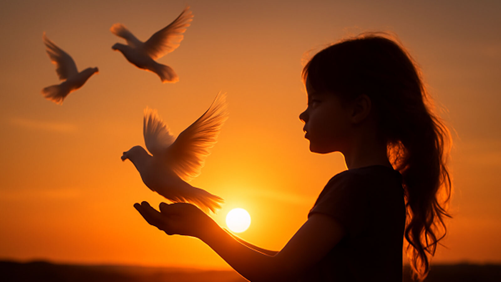 Mädchen läuft Tauben in der Abendsonne fliegen