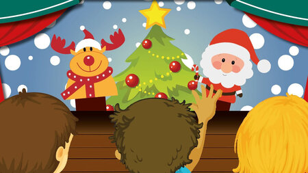 Bunte Grafik zeigt KInder die auf eine Bühen blicken, auf der ein Rentier, eine geschmückte Tanne und der Weihnachtsmann zu sehen sind.