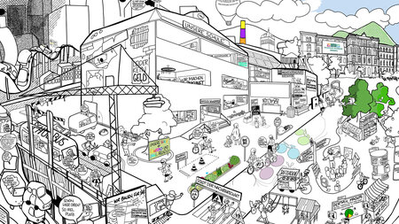 Wimmelbild mit Gebäuden, Autos und Fahrrädern sowie Personen.