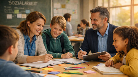 Eine Frau und ein Mann sitzen mit Kindern in einem Klassenzimmer an einem Tisch.