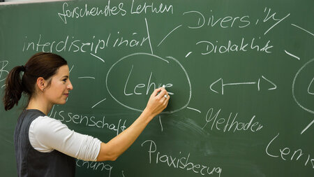 Eine Fau  schreibt mit Kreide an einer Tafel.