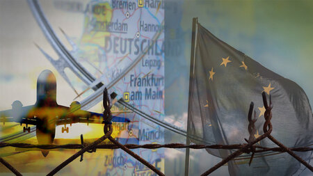 Flugzeug, Landkarte und Europflagge hinter Stacheldraht.