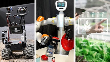 A composite image made up of photos of two robots and agricultural machinery.