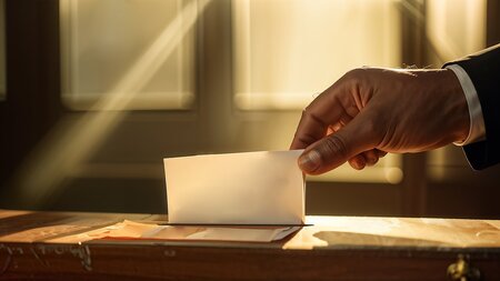 Eine Hand steckt einen Wahlschein in eine Wahlurne.