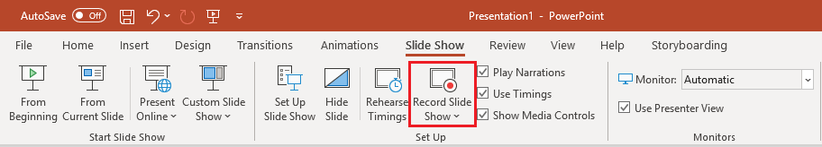 PowerPoint menu showing the needed ribbon