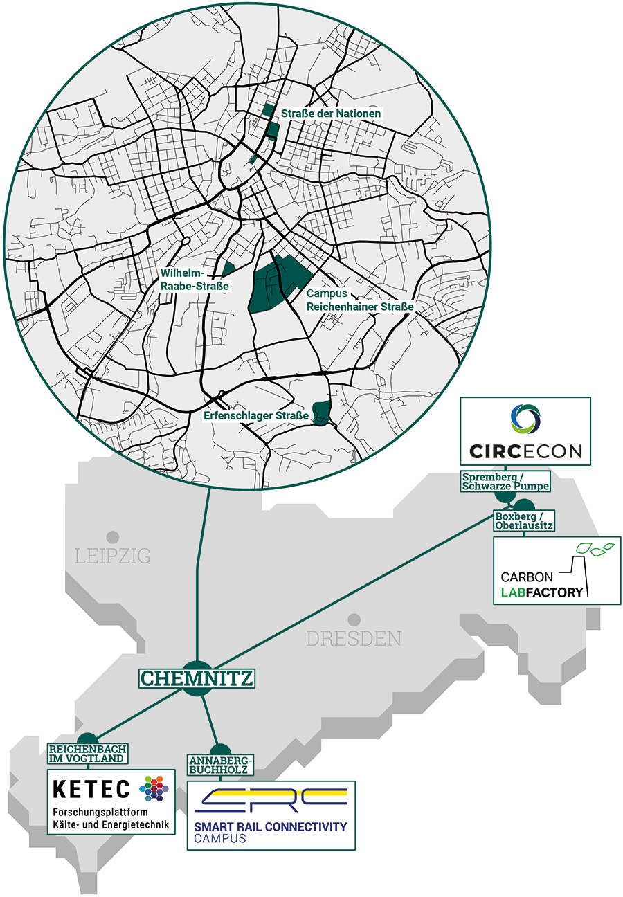 Karte von Sachsen mit Markierungen für den Campus und die vier Außenstellen der TU Chemnitz