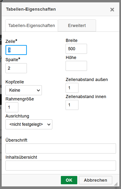 Ein Screenshot aus dem WFM Editor mit geöffneten Menü zum einstellen der Tabelle