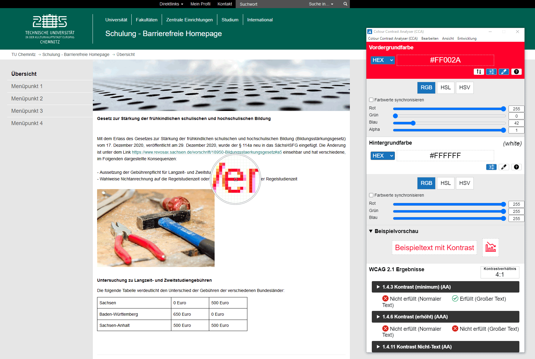 Screenshot einer Webseite mit geöffnetem Colour Contrast Analyser