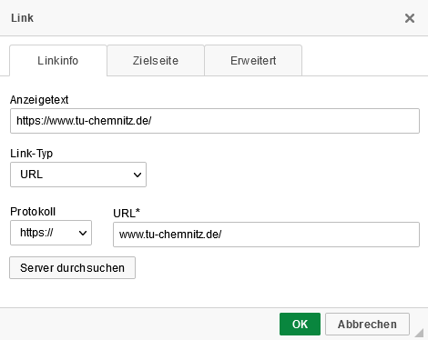 Ein Screenshot aus dem WFM mit geöffnetem Linkfenster, Anzeigetext entspricht dem vollständigen URL