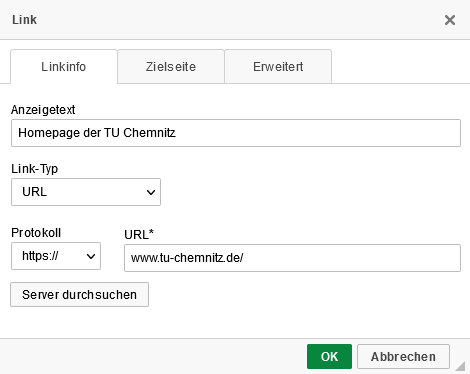 Ein Screenshot aus dem WFM mit geöffnetem Linkfenster, der Anzeigetext ist „Homepage der TU Chemnitz“